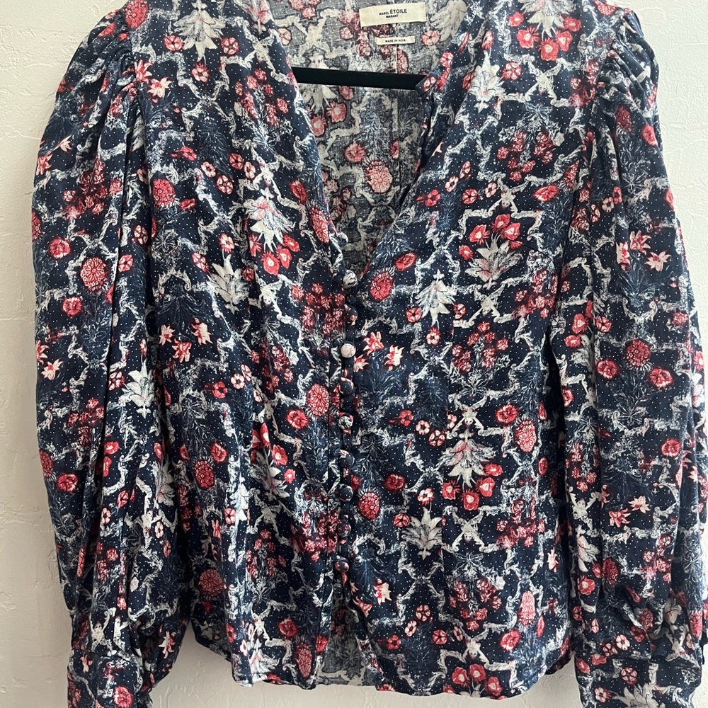 Isabel Marant Blue and Red Blouse Puff Sleeve